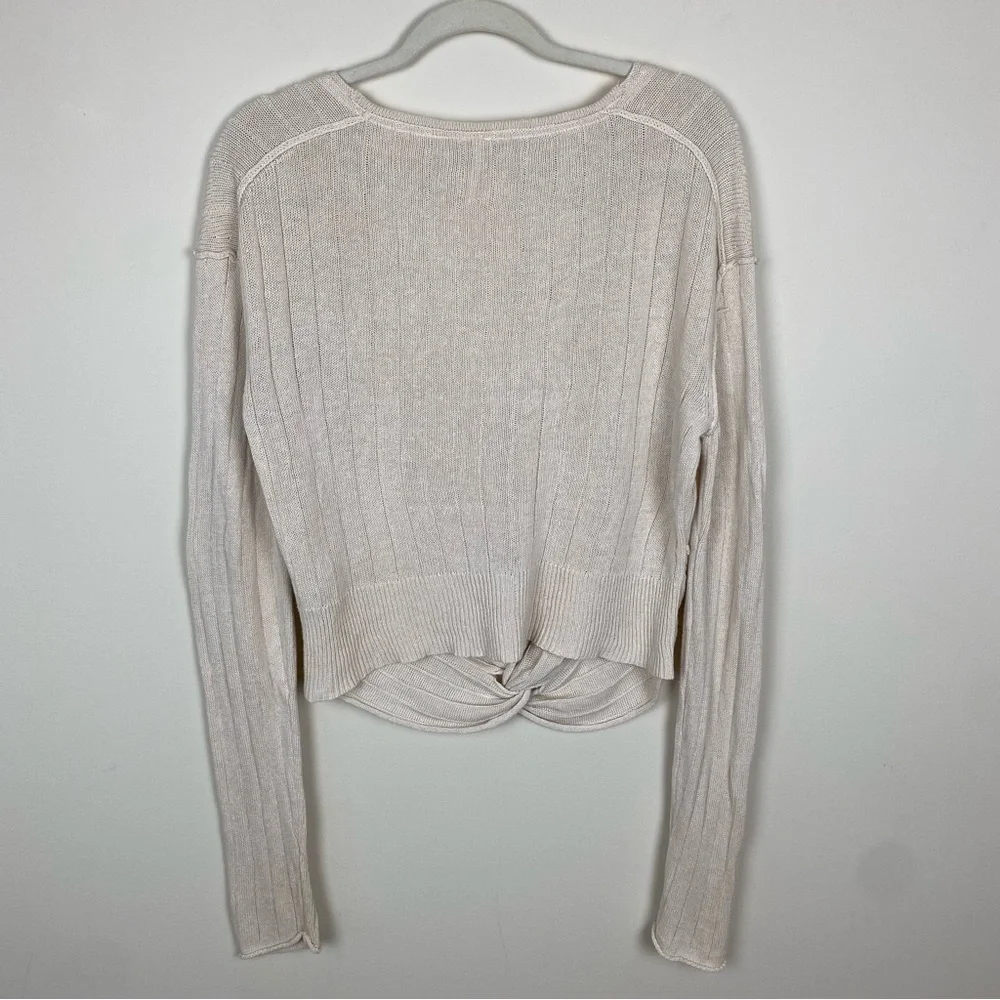 Free People Got Me Twisted Sweater Beige Sz S Front Knot Linen Blend Long Sleeve